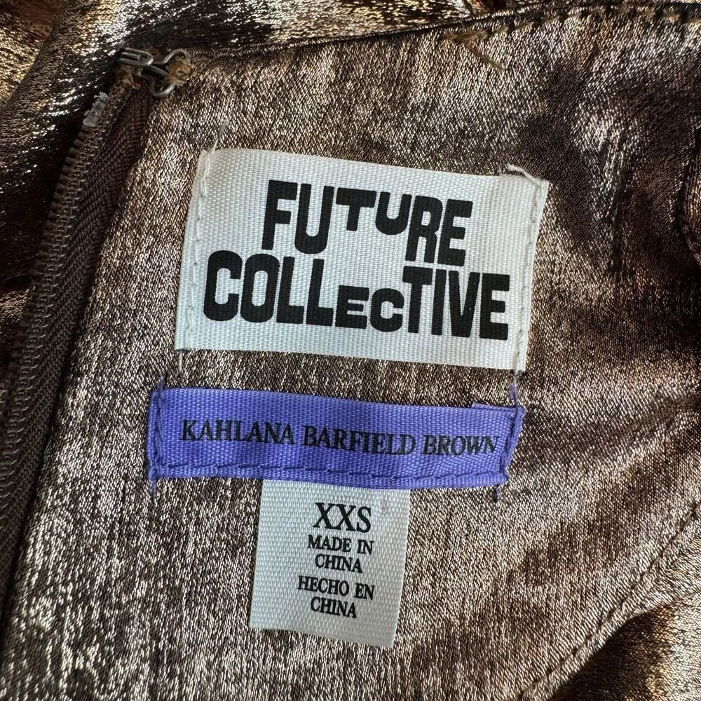 Future Collective Kahlana Barfield Brown Top XXS Bronze Metallic Puff Sleeve